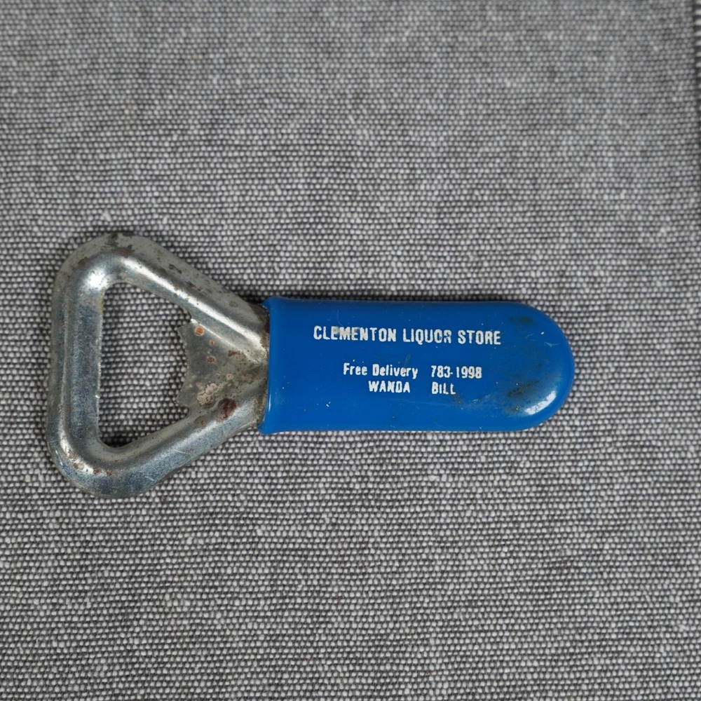 Vintage Bottle Opener Clementon New Jersey Liquor Store Blue Advertising Barware